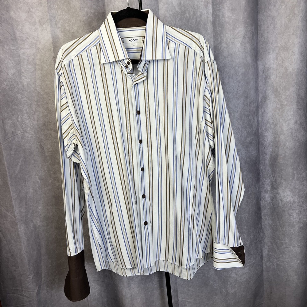 Xoos Mens 4 Large 16'-16.75" Shirt Button LSFlip Blue/Brown/White Stripe